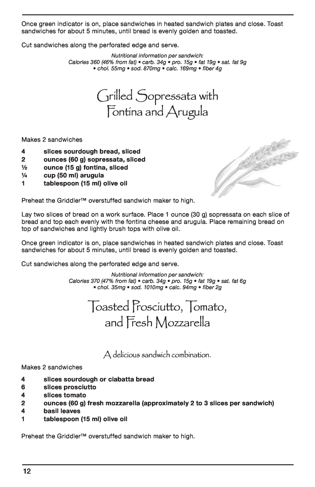 Cuisinart CGR-SMC manual Grilled Sopressata with Fontina and Arugula, Toasted Prosciutto, Tomato and Fresh Mozzarella 