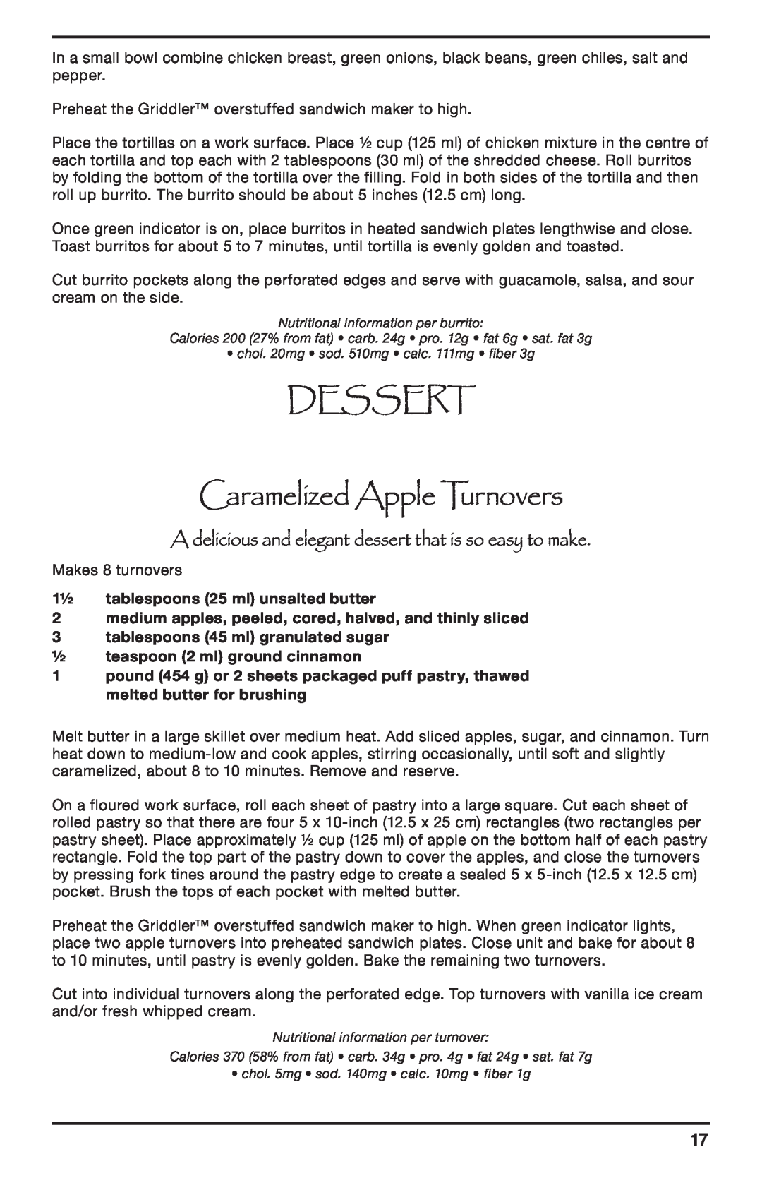 Cuisinart CGR-SMC manual Dessert Caramelized Apple Turnovers, A delicious and elegant dessert that is so easy to make 