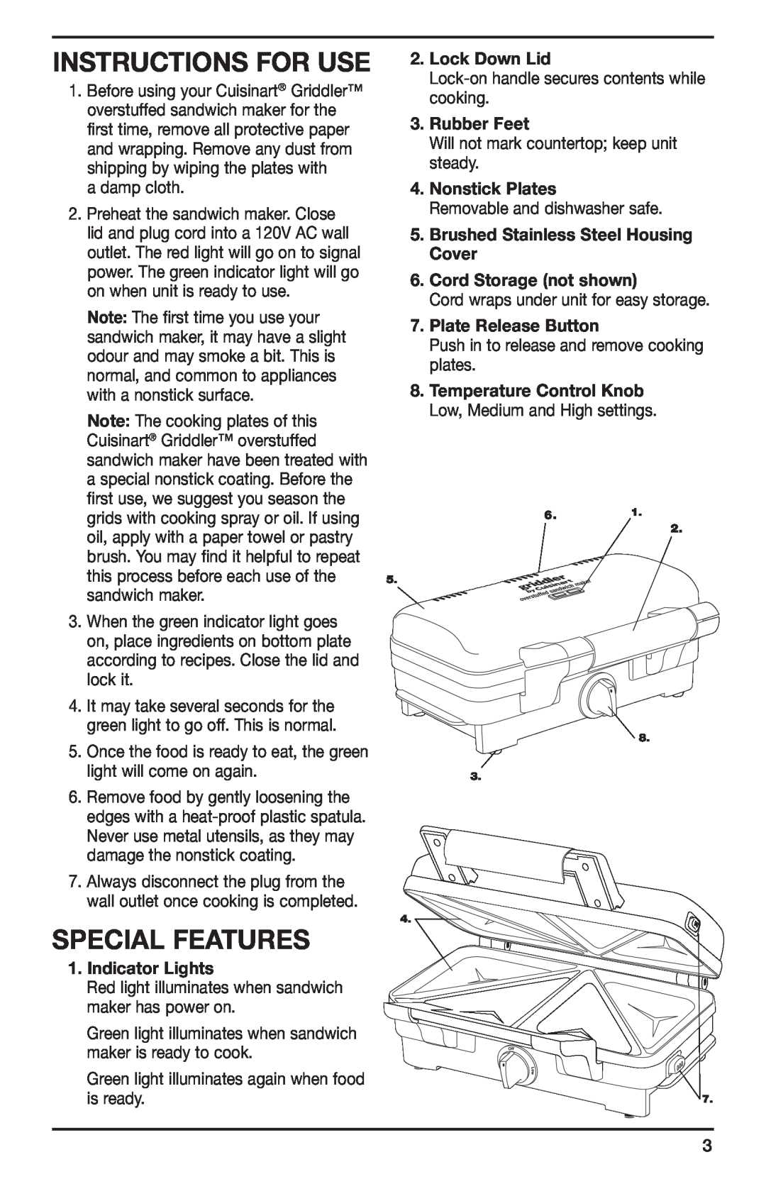 Cuisinart CGR-SMC Special Features, Instructions For Use, Indicator Lights, Lock Down Lid, Rubber Feet, Nonstick Plates 