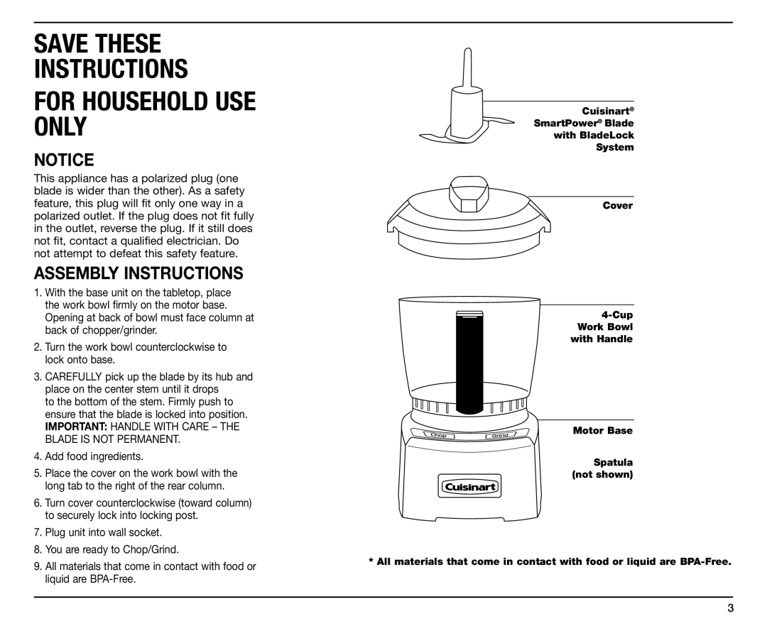 Cuisinart CH-4 manual Assembly Instructions, Add food ingredients 