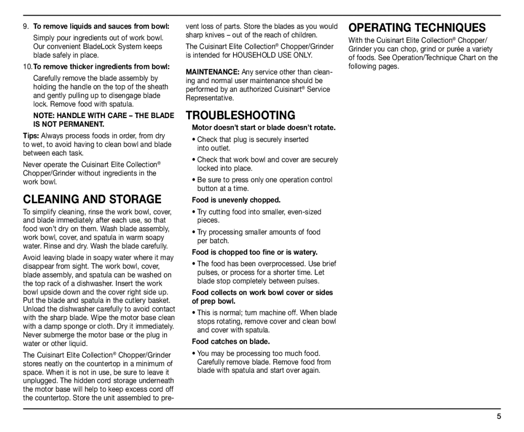 Cuisinart CH-4 manual Cleaning and Storage, Troubleshooting, Operating Techniques 