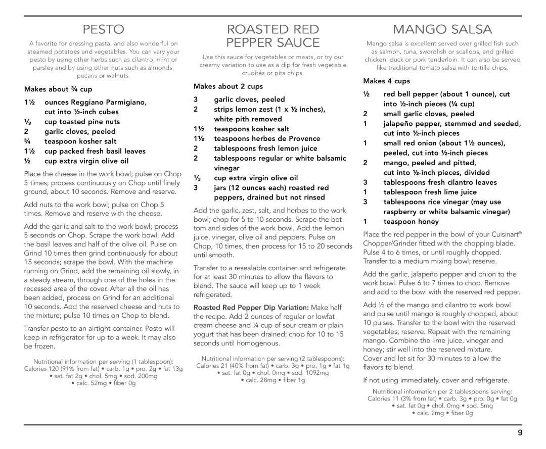 Cuisinart CH-4 manual Pesto, Roasted Red Pepper Sauce 