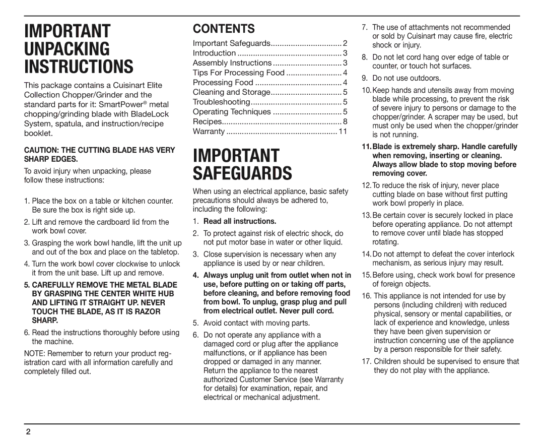 Cuisinart CH-4A manual Unpacking Instructions, Contents 