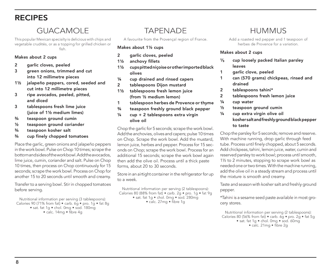 Cuisinart CH-4A manual Tapenade, Hummus 