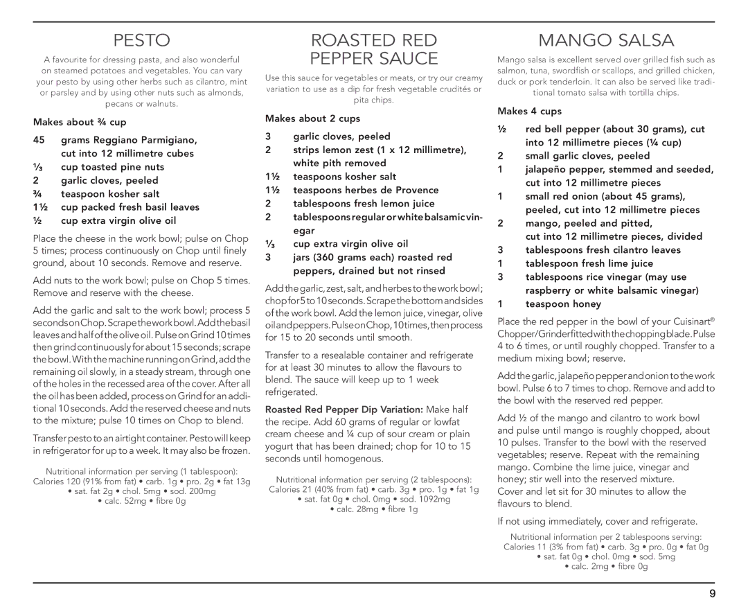 Cuisinart CH-4A manual Pesto, Roasted Red Pepper Sauce 