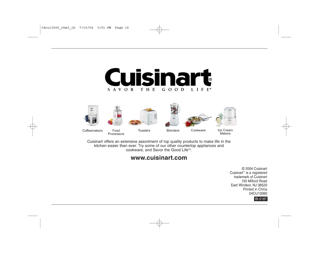 Cuisinart CHM-3 manual IB-5187 