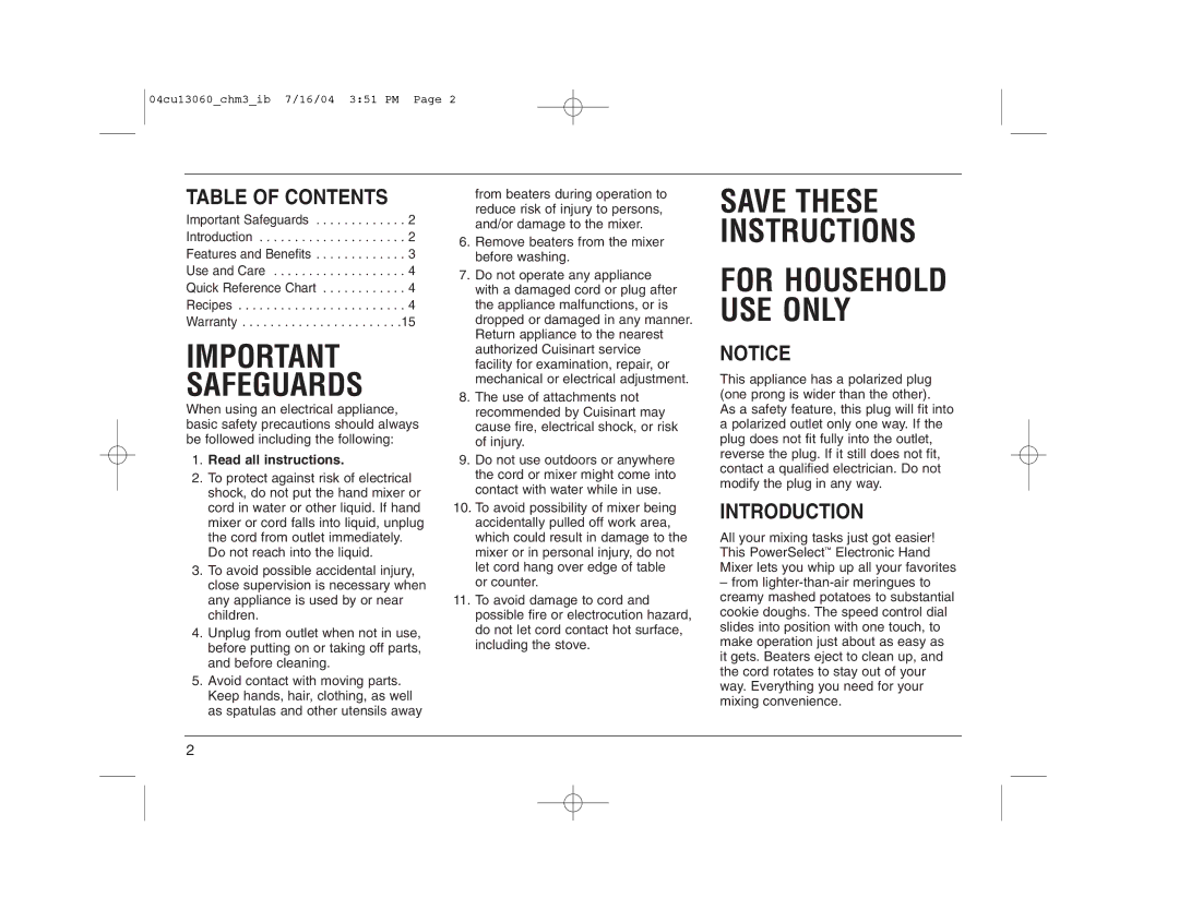 Cuisinart CHM-3 manual Table of Contents, Introduction 