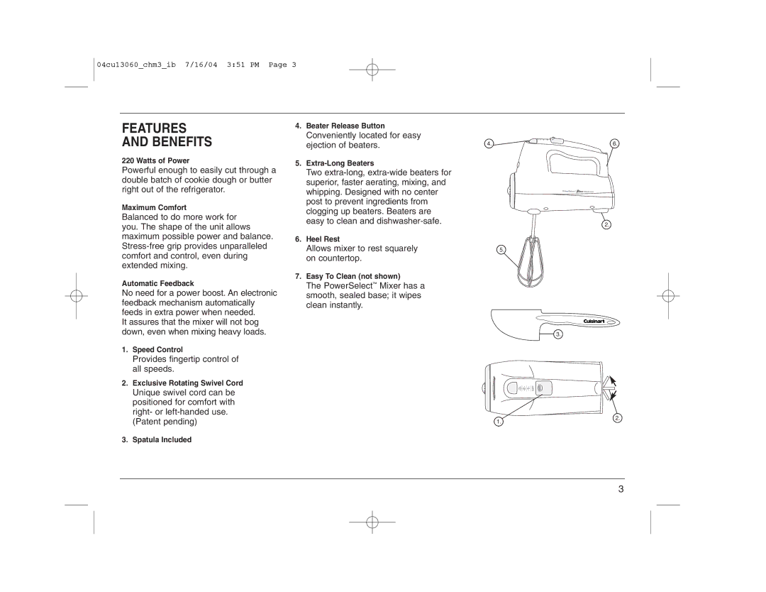 Cuisinart CHM-3 manual Features Benefits 