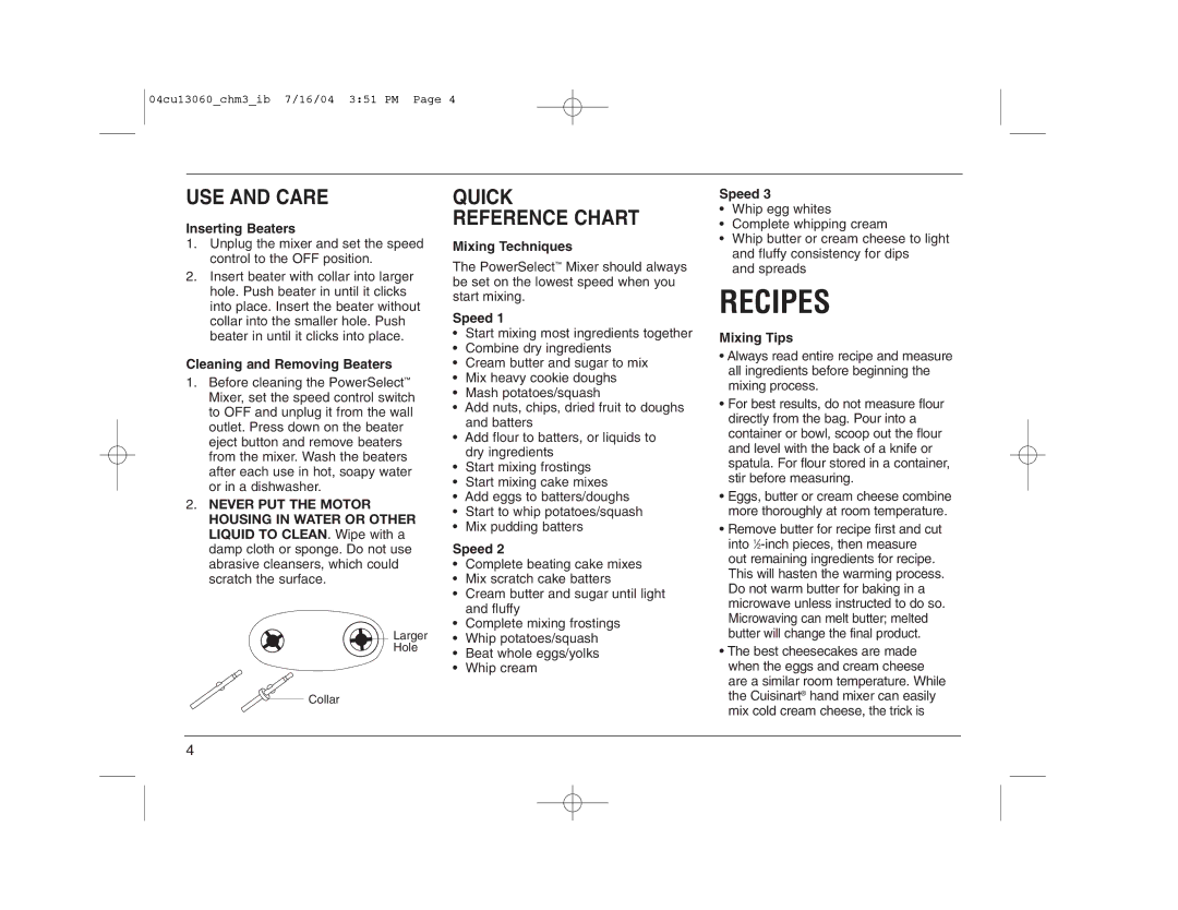 Cuisinart CHM-3 manual USE and Care, Quick Reference Chart 