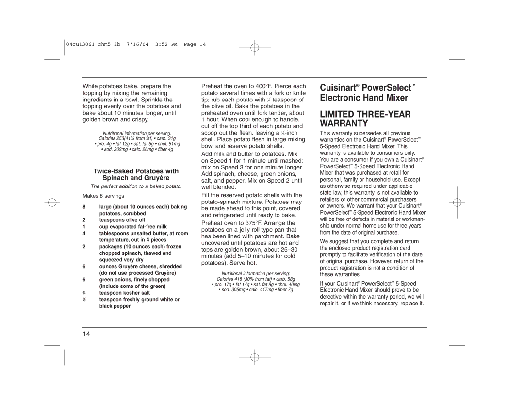 Cuisinart CHM-5 manual Limited THREE-YEAR Warranty, Twice-Baked Potatoes with Spinach and Gruyère, Makes 8 servings 