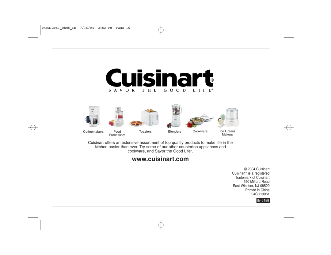 Cuisinart CHM-5 manual IB-5188 