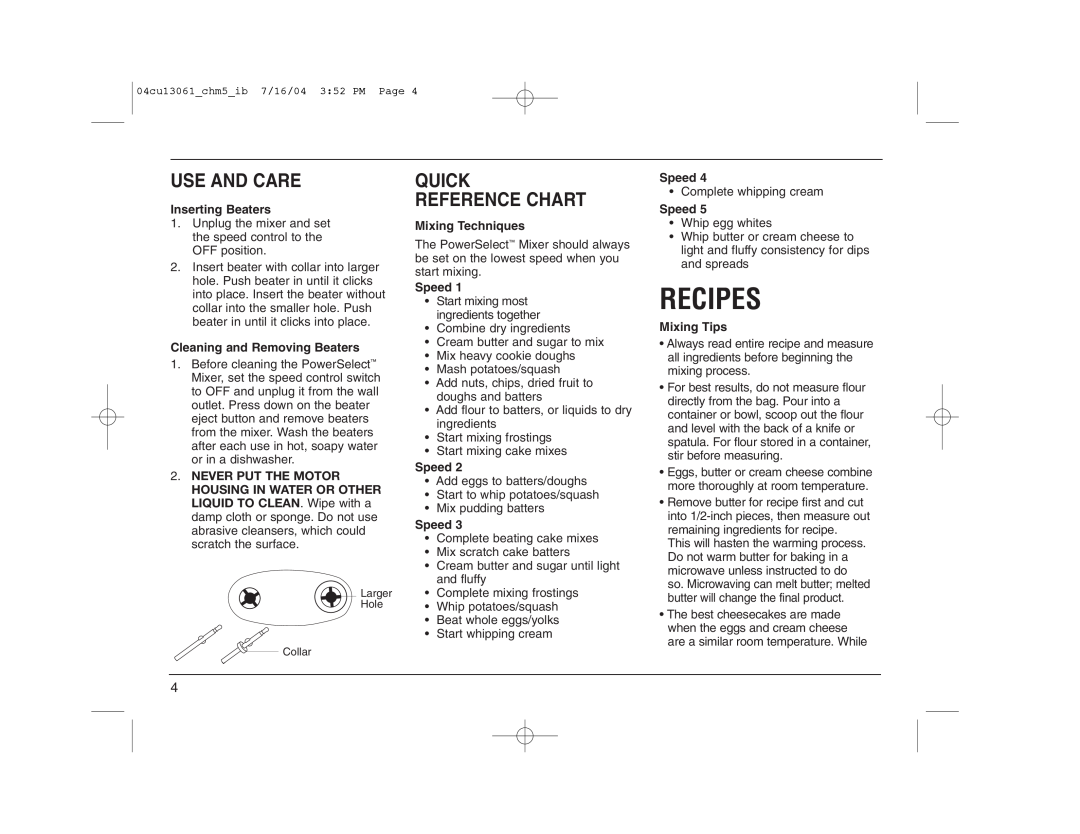 Cuisinart CHM-5 manual Recipes, Use And Care, Quick Reference Chart 