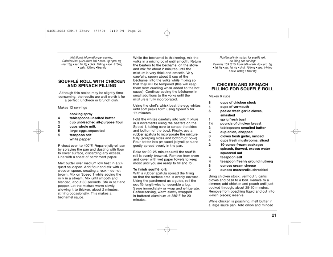 Cuisinart CHM-7 manual Soufflé Roll with Chicken Spinach Filling, Chicken and Spinach Filling for Soufflé Roll 