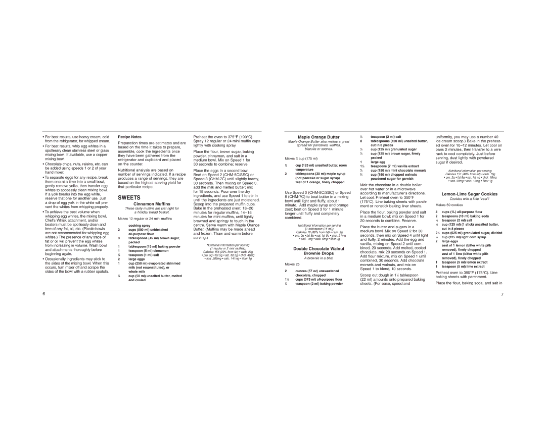 Cuisinart CHM-Series manual Sweets, Cinnamon Muffins, Maple Orange Butter, Double Chocolate Walnut Brownie Drops 