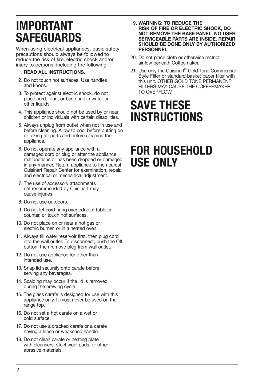 Cuisinart CHW12 manual Save These Instructions 