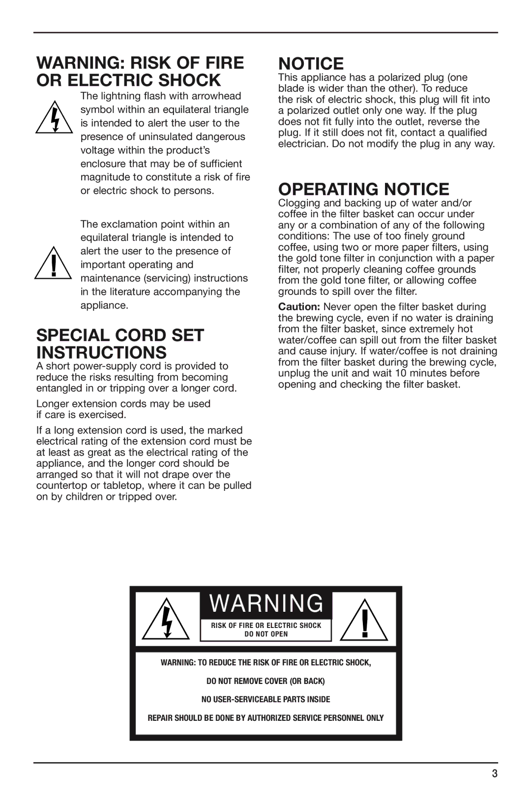 Cuisinart CHW12 manual Special Cord SET Instructions, Operating Notice 