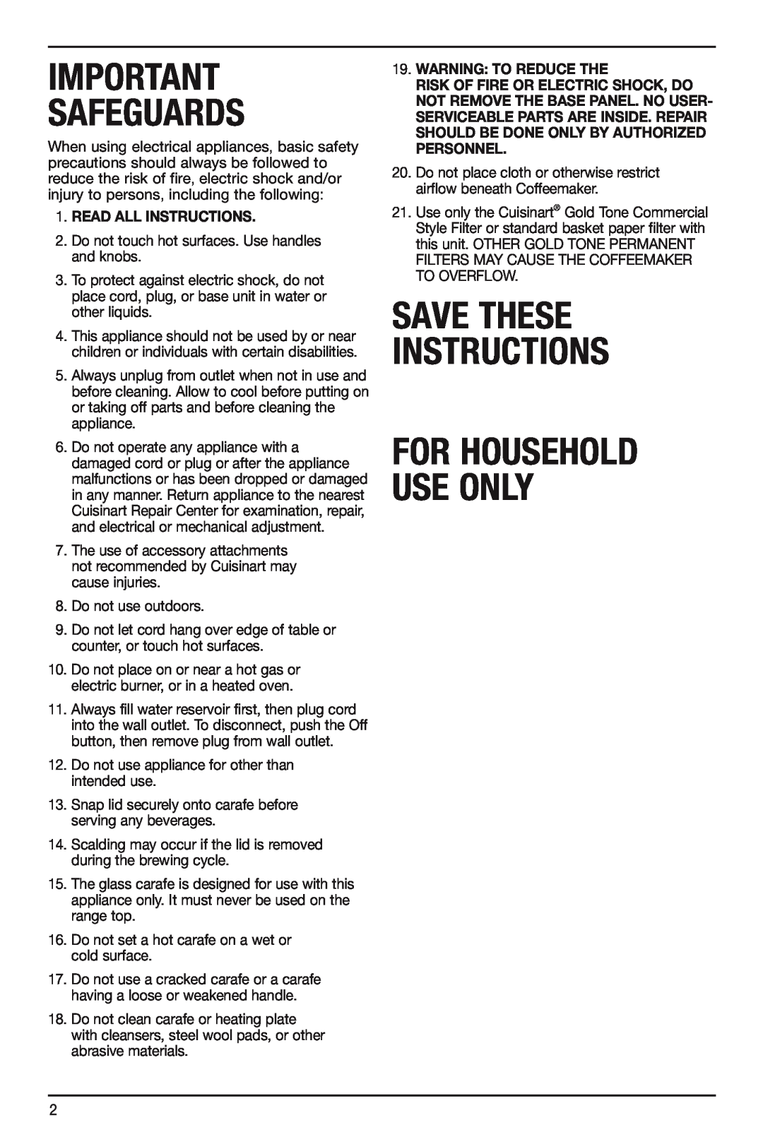 Cuisinart CHW12 Safeguards, Save These Instructions, For Household Use Only, Read All Instructions, Warning To Reduce The 