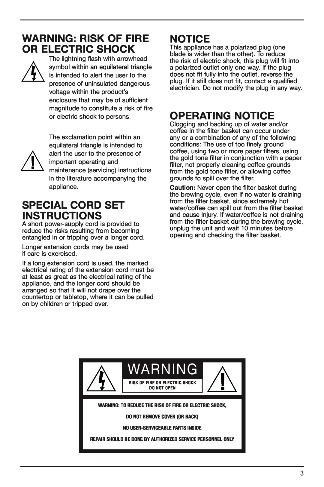 Cuisinart CHW12 manual WARNING RISK Of FIRE OR ELECTRIC SHOCK, Special Cord Set Instructions, Operating Notice 