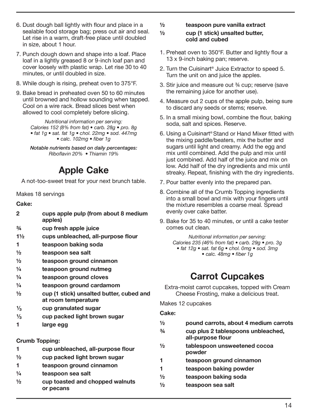 Cuisinart CJE-1000 manual Apple Cake, Carrot Cupcakes 