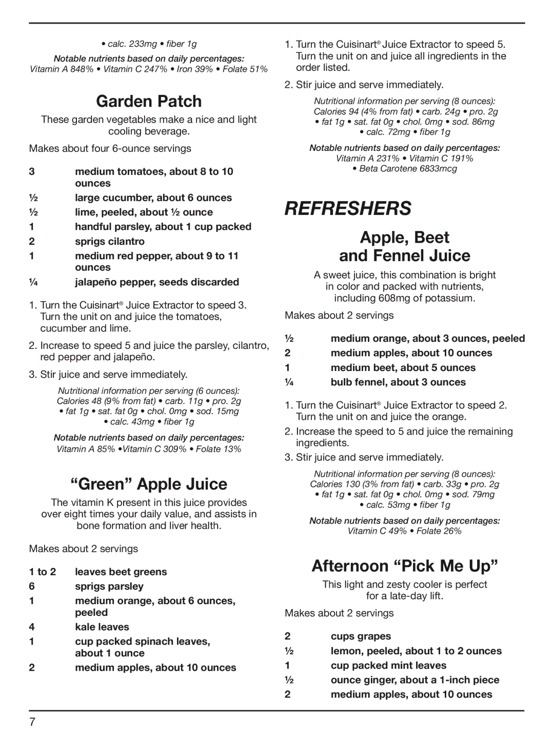 Cuisinart CJE-1000 manual Refreshers, Garden Patch, Green Apple Juice, Apple, Beet Fennel Juice, Afternoon Pick Me Up 