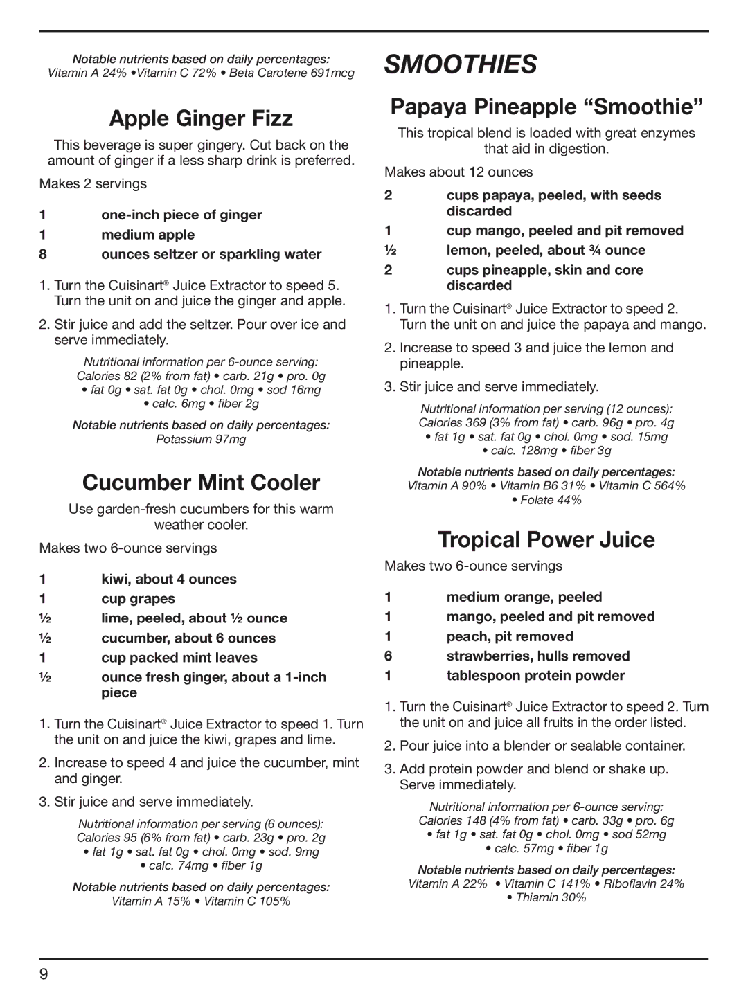 Cuisinart CJE-1000 Smoothies, Apple Ginger Fizz, Cucumber Mint Cooler, Papaya Pineapple Smoothie, Tropical Power Juice 