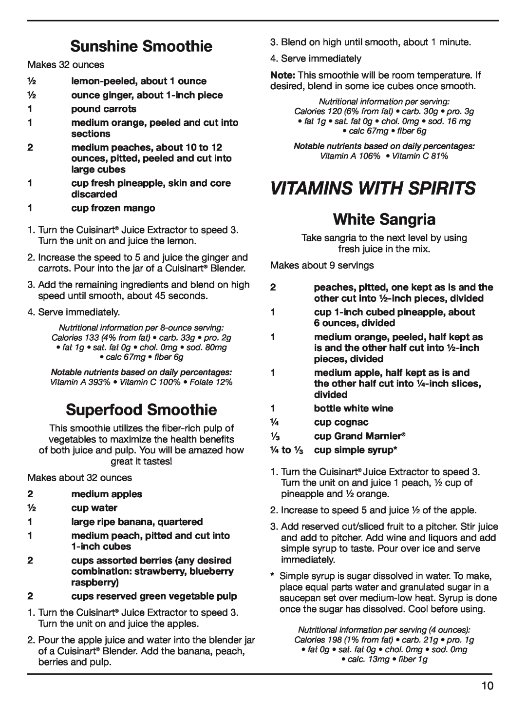 Cuisinart CJE-1000 manual vitamins with spirits, Sunshine Smoothie, Superfood Smoothie, White Sangria 