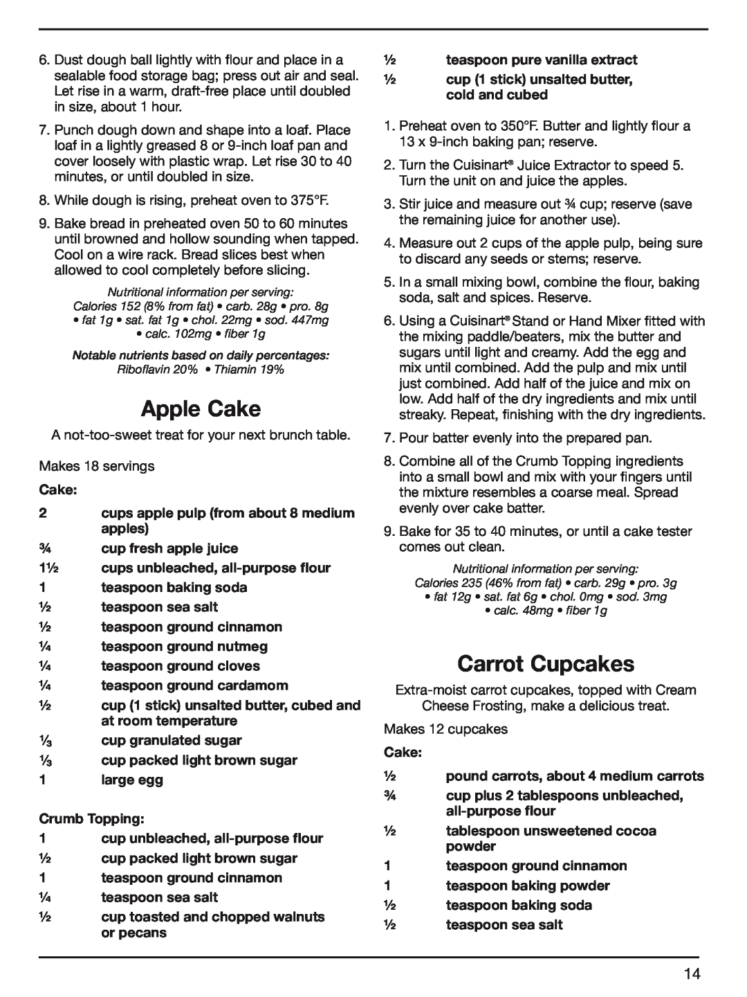 Cuisinart CJE-1000 manual Apple Cake, Carrot Cupcakes 