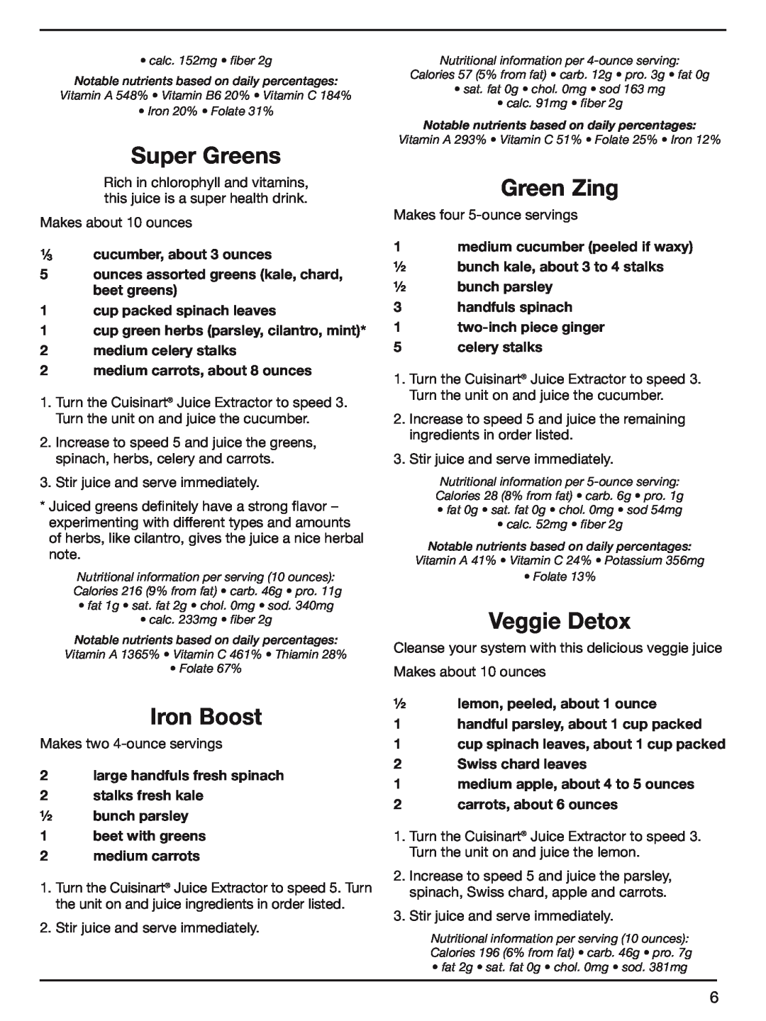 Cuisinart CJE-1000 manual Super Greens, Iron Boost, Green Zing, Veggie Detox 