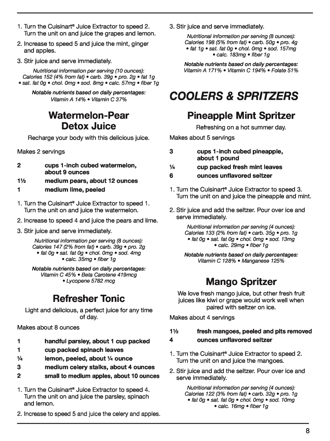 Cuisinart CJE-1000 manual coolers & spritzers, Watermelon-Pear Detox Juice, Refresher Tonic, Pineapple Mint Spritzer 