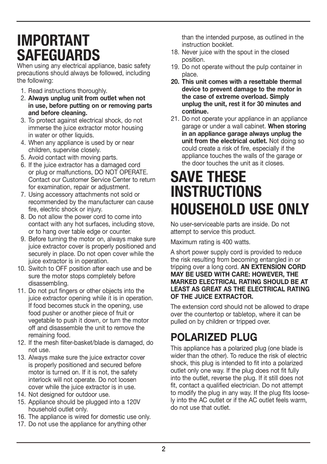 Cuisinart CJE-500 manual Safeguards 