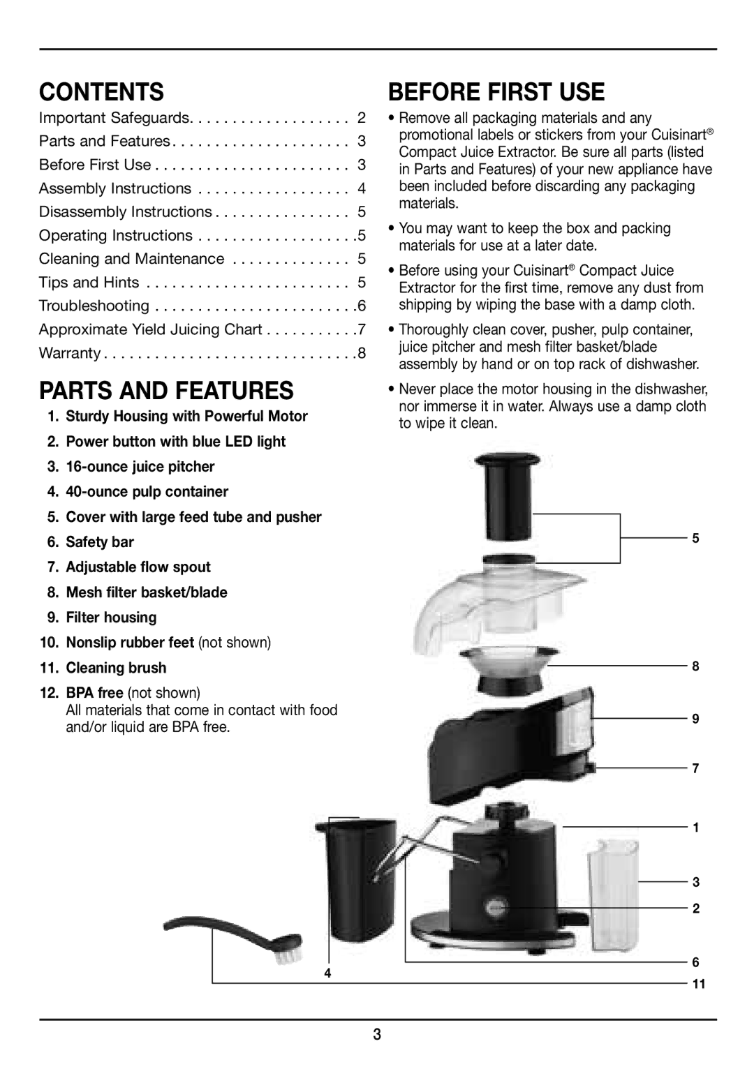 Cuisinart CJE-500 manual Contents 