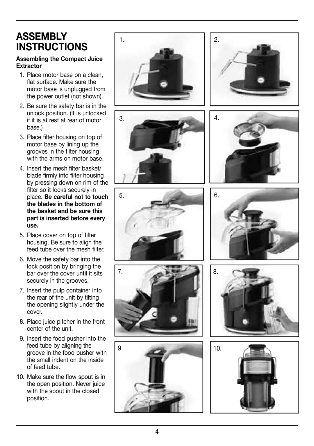 Cuisinart CJE-500 manual Assembly instructions, Assembling the Compact Juice Extractor 