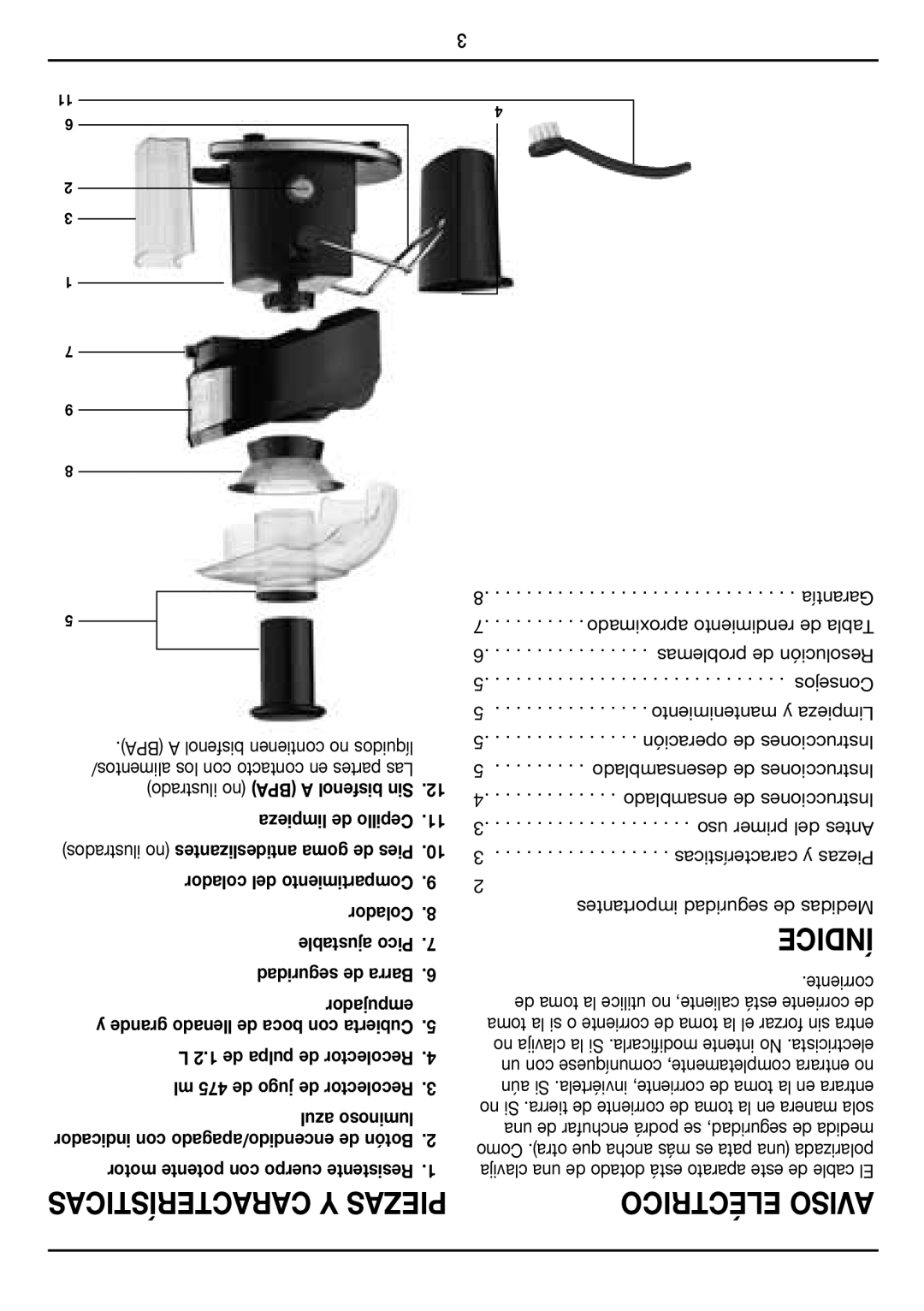 Cuisinart CJE-500 manual Características y Piezas, Índice 