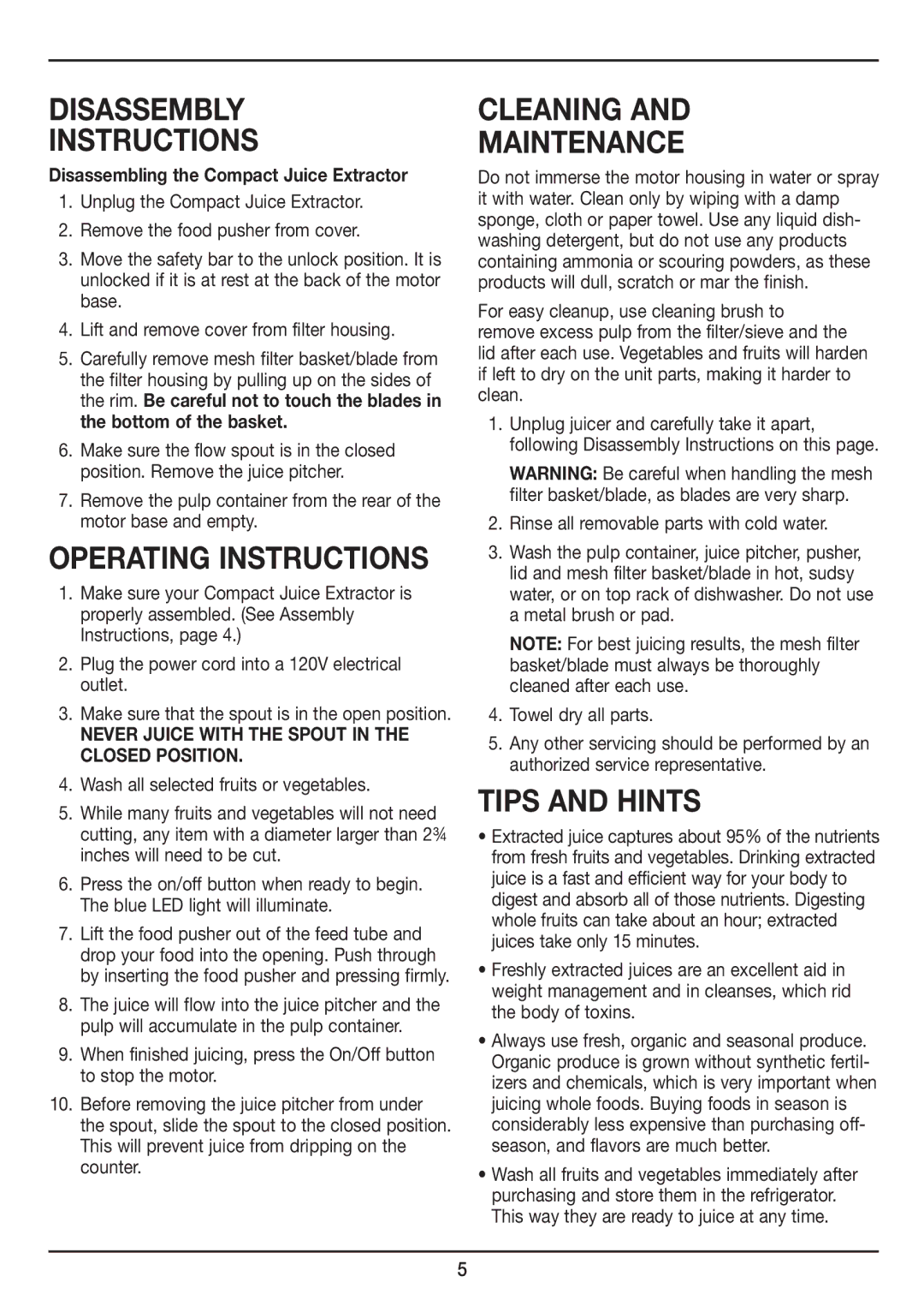 Cuisinart CJE-500 manual Disassembly instructions, Cleaning and maintenance, Disassembling the Compact Juice Extractor 