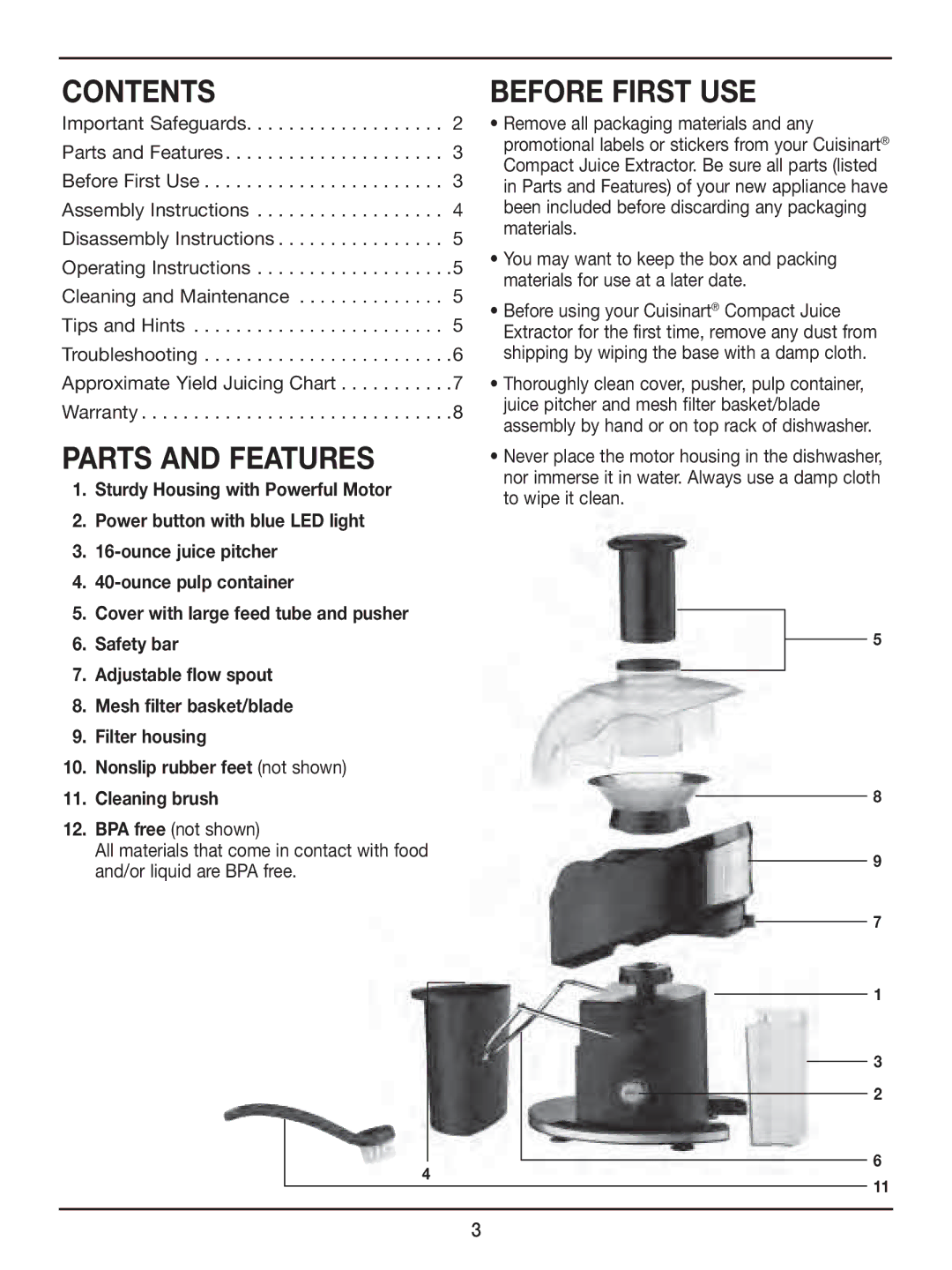 Cuisinart CJE-500 manual Contents 