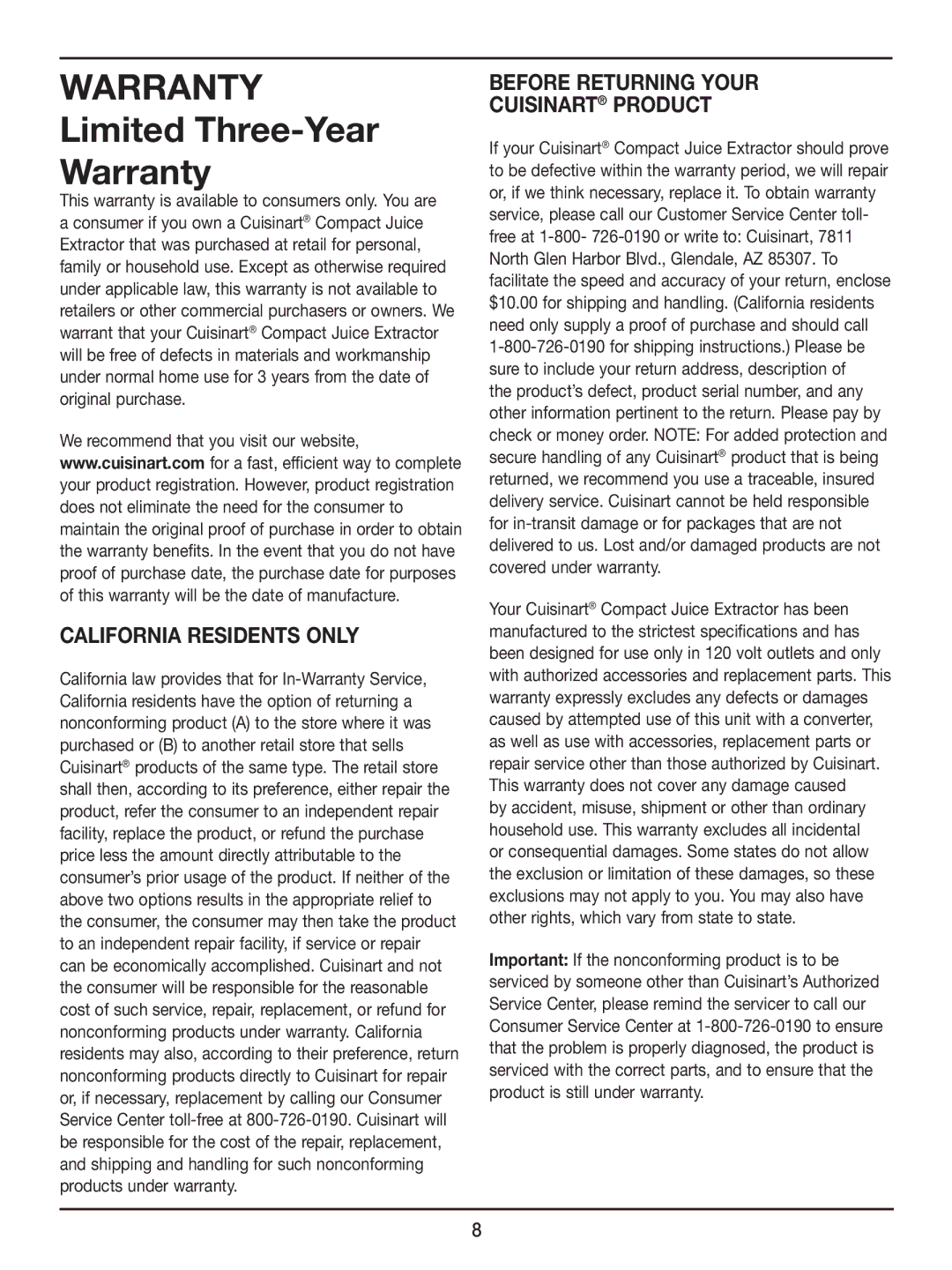 Cuisinart CJE-500 manual Warranty 