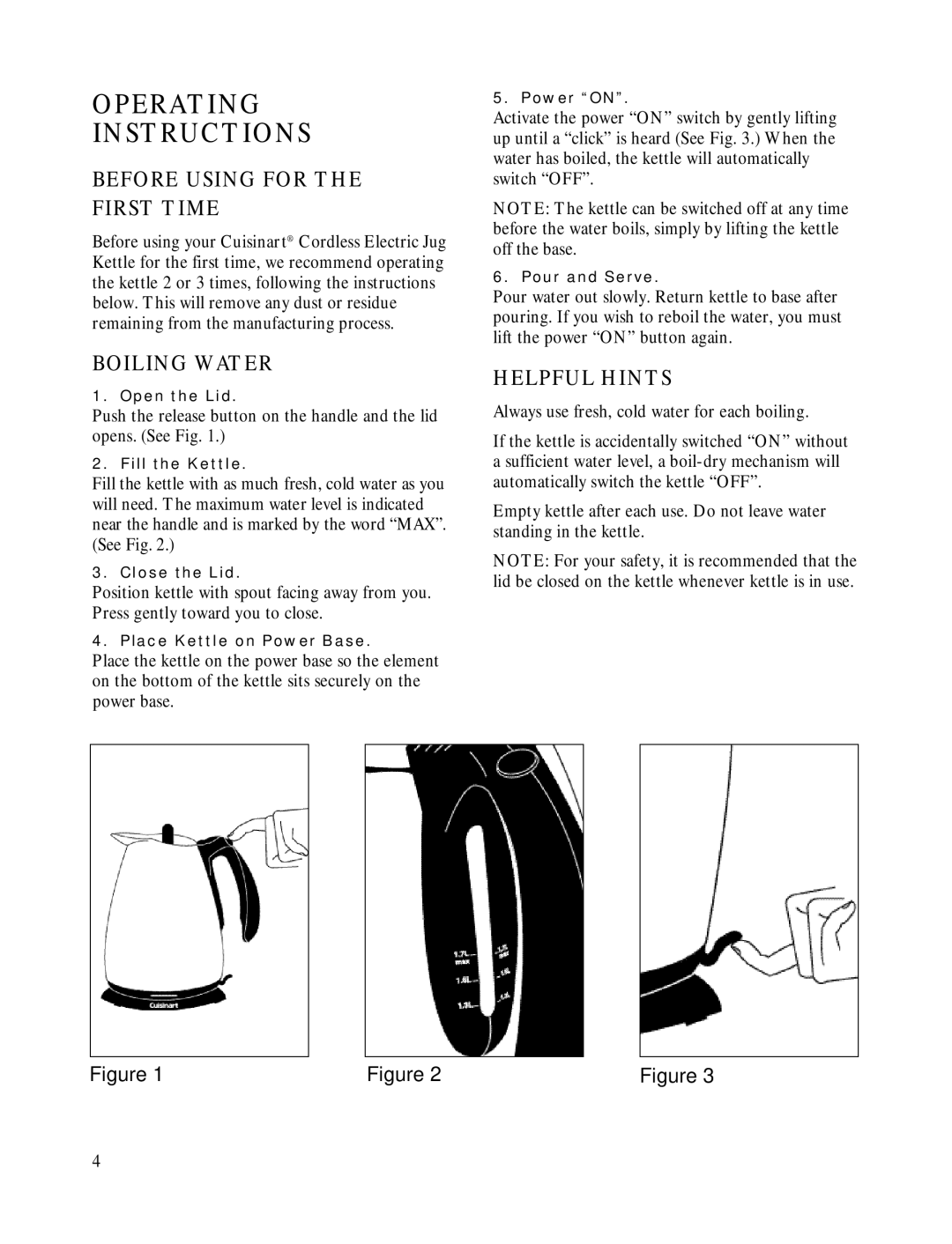 Cuisinart CJK-17BCC manual Operating Instructions, Before Using For The First Time, Boiling Water, Helpful Hints 