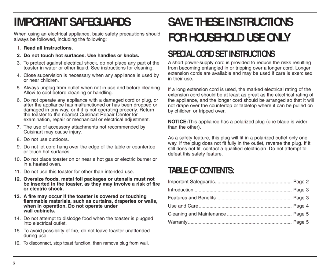 Cuisinart CMT-200P manual Special Cord SET Instructions, Table of Contents 