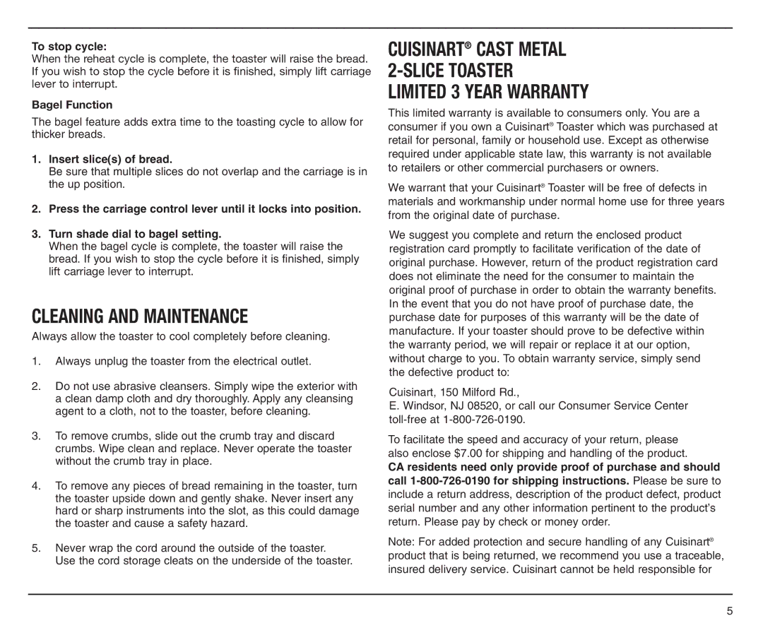 Cuisinart CMT-200P manual Cleaning and Maintenance, To stop cycle, Bagel Function 