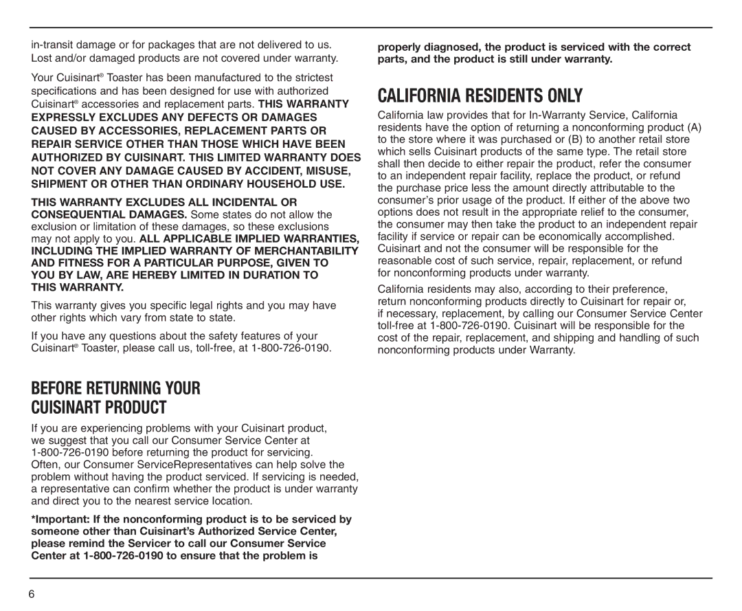 Cuisinart CMT-200P manual California Residents only, May not apply to you. ALL Applicable Implied Warranties 