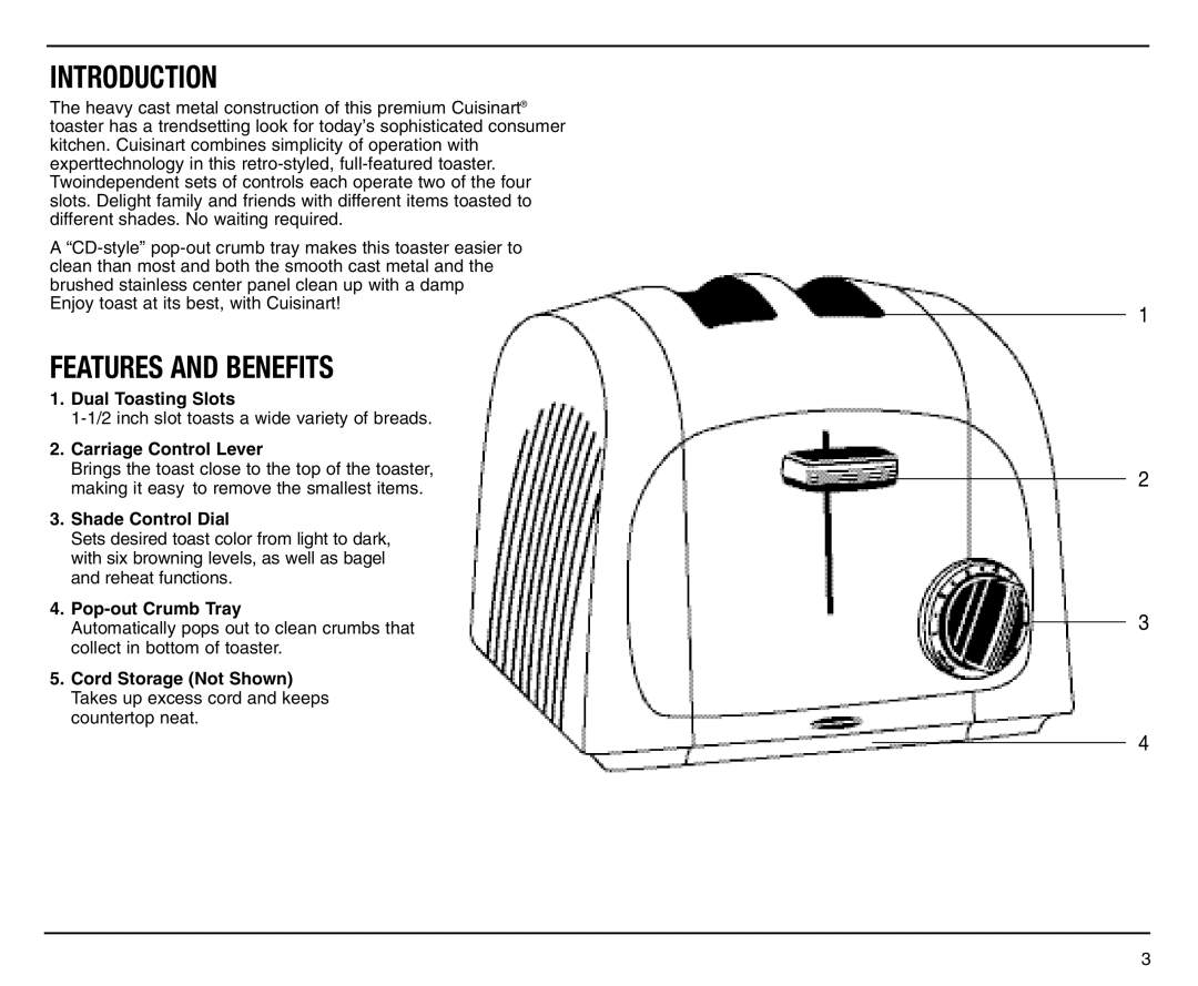 Cuisinart CMT-200P Introduction, Features And Benefits, Dual Toasting Slots, Carriage Control Lever, Shade Control Dial 