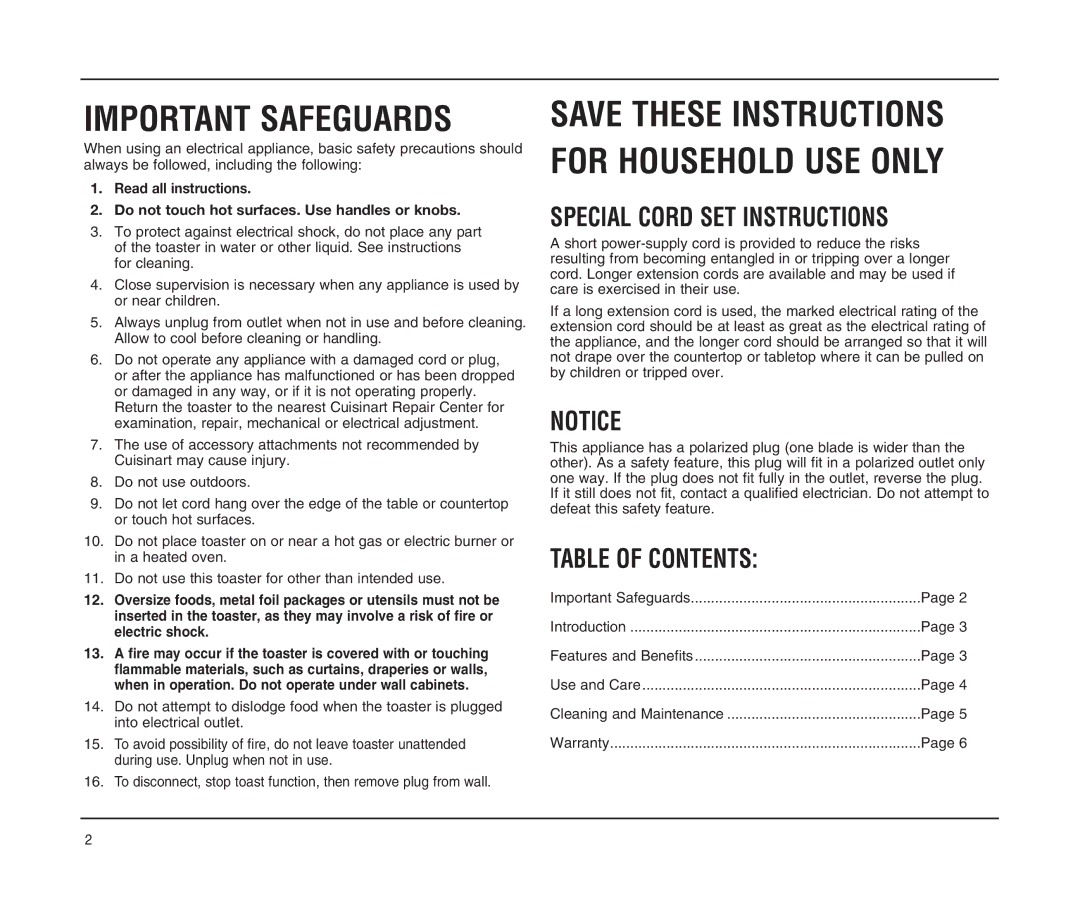 Cuisinart CMT-400P Series manual Special Cord SET Instructions, Table of Contents 