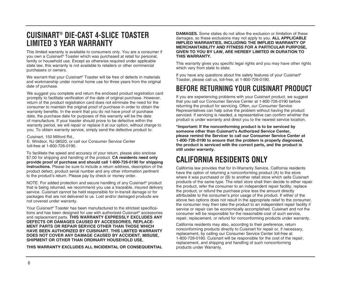 Cuisinart CMT-400P Series manual California Residents only, Cuisinart DIE-CAST 4-SLICE Toaster Limited 3 Year Warranty 