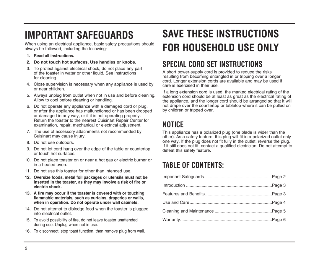 Cuisinart CMT-400P Series Save These Instructions For Household Use Only, Special Cord Set Instructions, Table Of Contents 