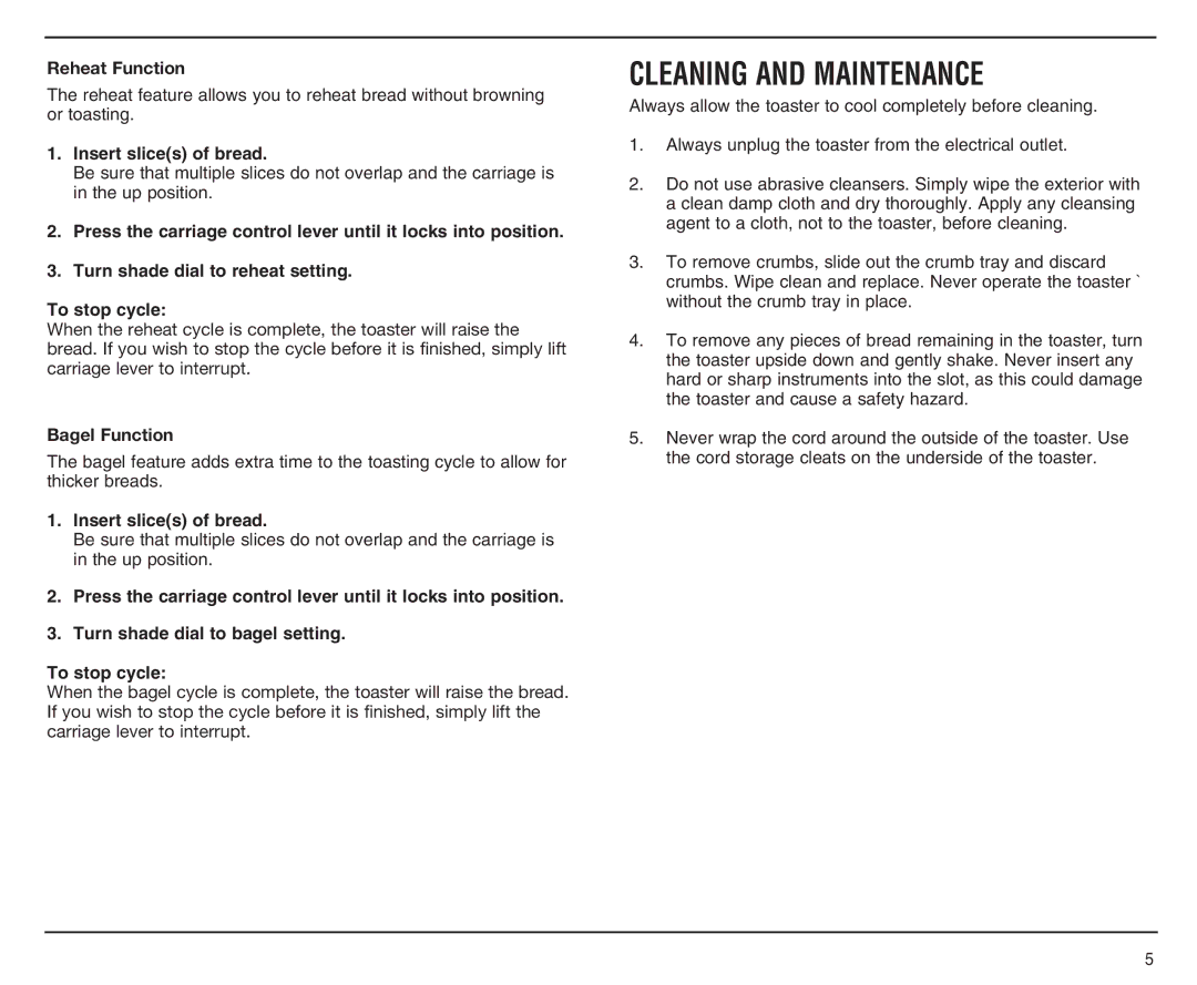 Cuisinart CMT-400PC manual Cleaning and Maintenance, Reheat Function, Bagel Function 