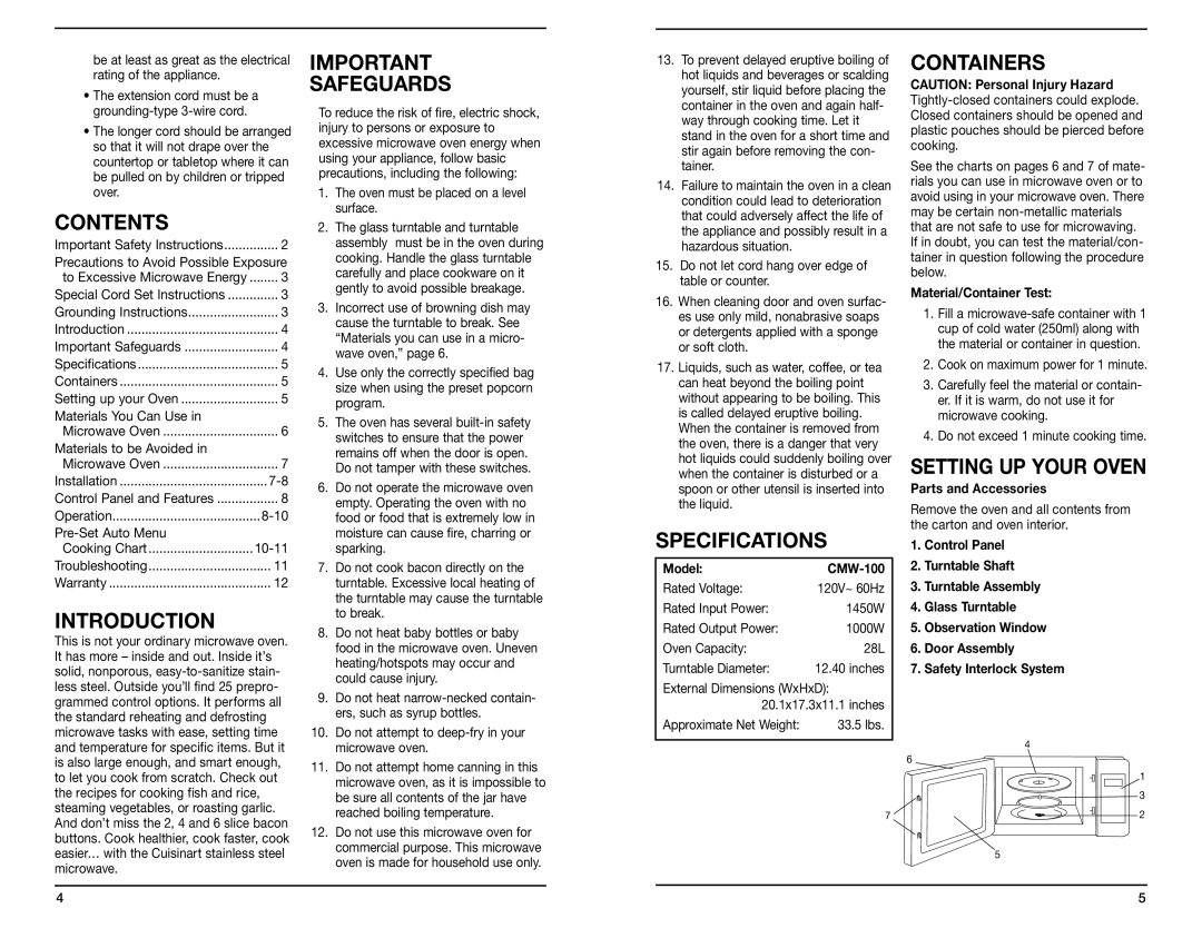 Cuisinart CMW-100 manual Safeguards, Contents, Introduction, Specifications, Containers, Setting UP Your Oven 