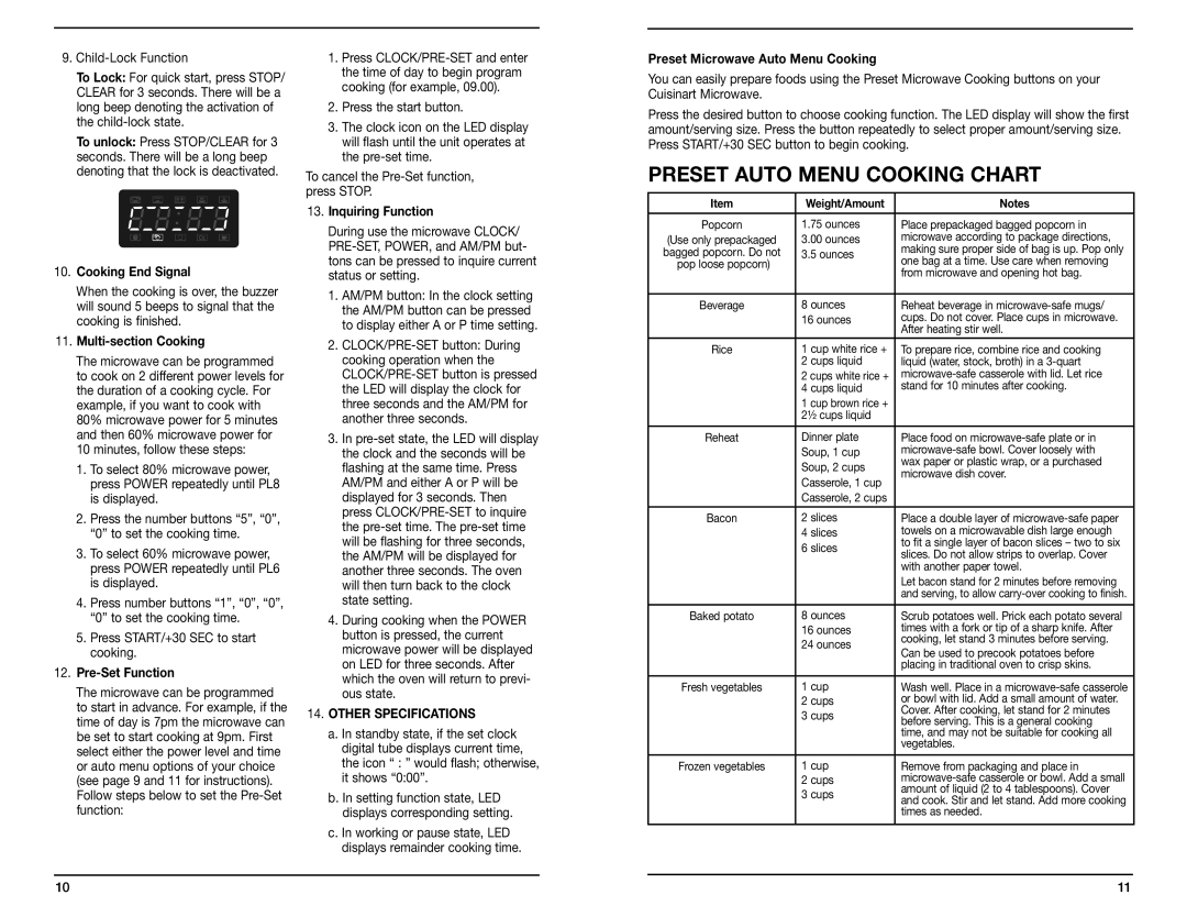 Cuisinart CMW-100 manual Preset Auto Menu Cooking Chart, Other Specifications 