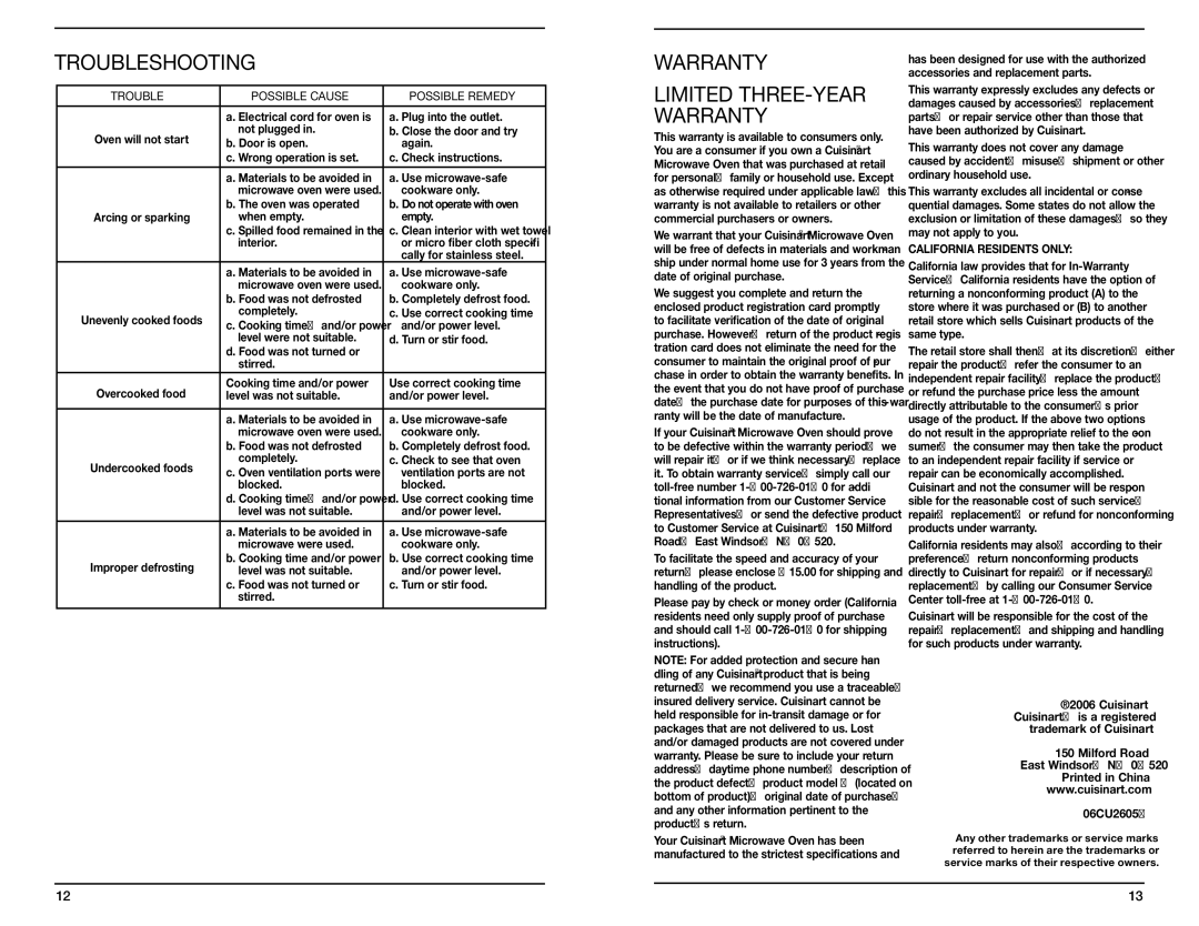 Cuisinart CMW-100 manual Troubleshooting, Warranty 