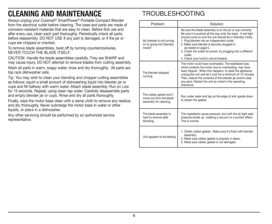 Cuisinart CPB-300 manual Cleaning and Maintenance 