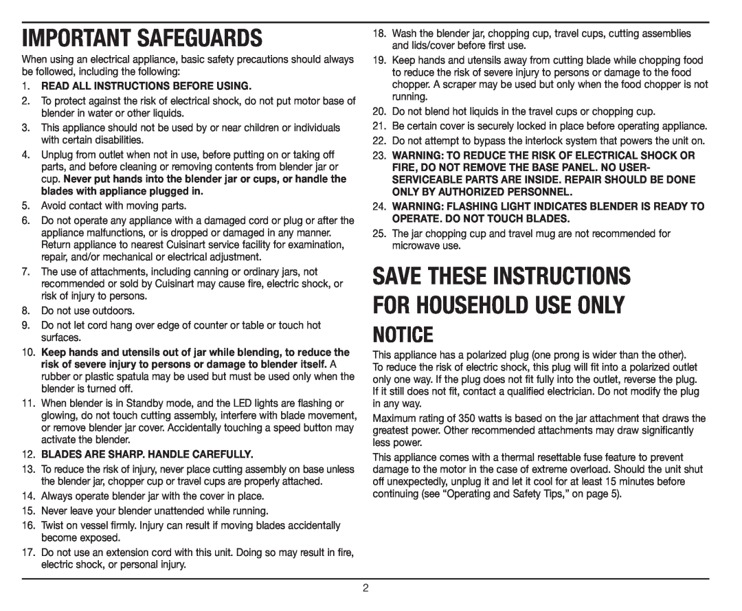 Cuisinart CPB-300 manual Important SafeguardS, Save These Instructions For Household Use Only 